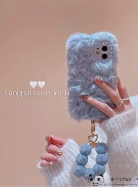 毛绒k9s蓝色OPPO reno8手机壳6pro+毛绒绒find5网红4se/k7x女a3s2