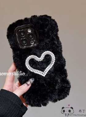 ins黑色毛绒a9新款OPPO reno8手机壳6pro+/find x5爱心4se少女k7s
