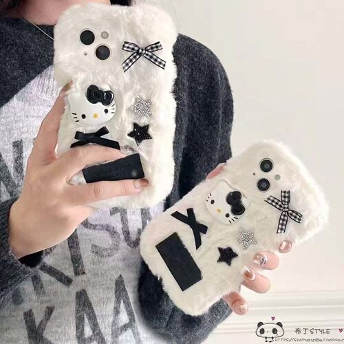 毛绒kitty猫s50pro mini秋冬vivo y500手机壳y27s网红y04s/y03t/y56/y36i女y35m/y53t黑白y21/y78+套y17s/x90