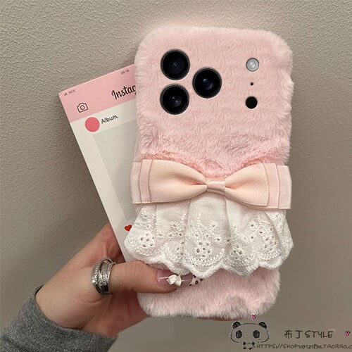 毛绒粉蝴蝶结OPPO find x9手机壳8ultra秋冬7女reno4se可爱k5/a3/a6/2pro/1茸茸realme15真我GT/a78/a36套a8