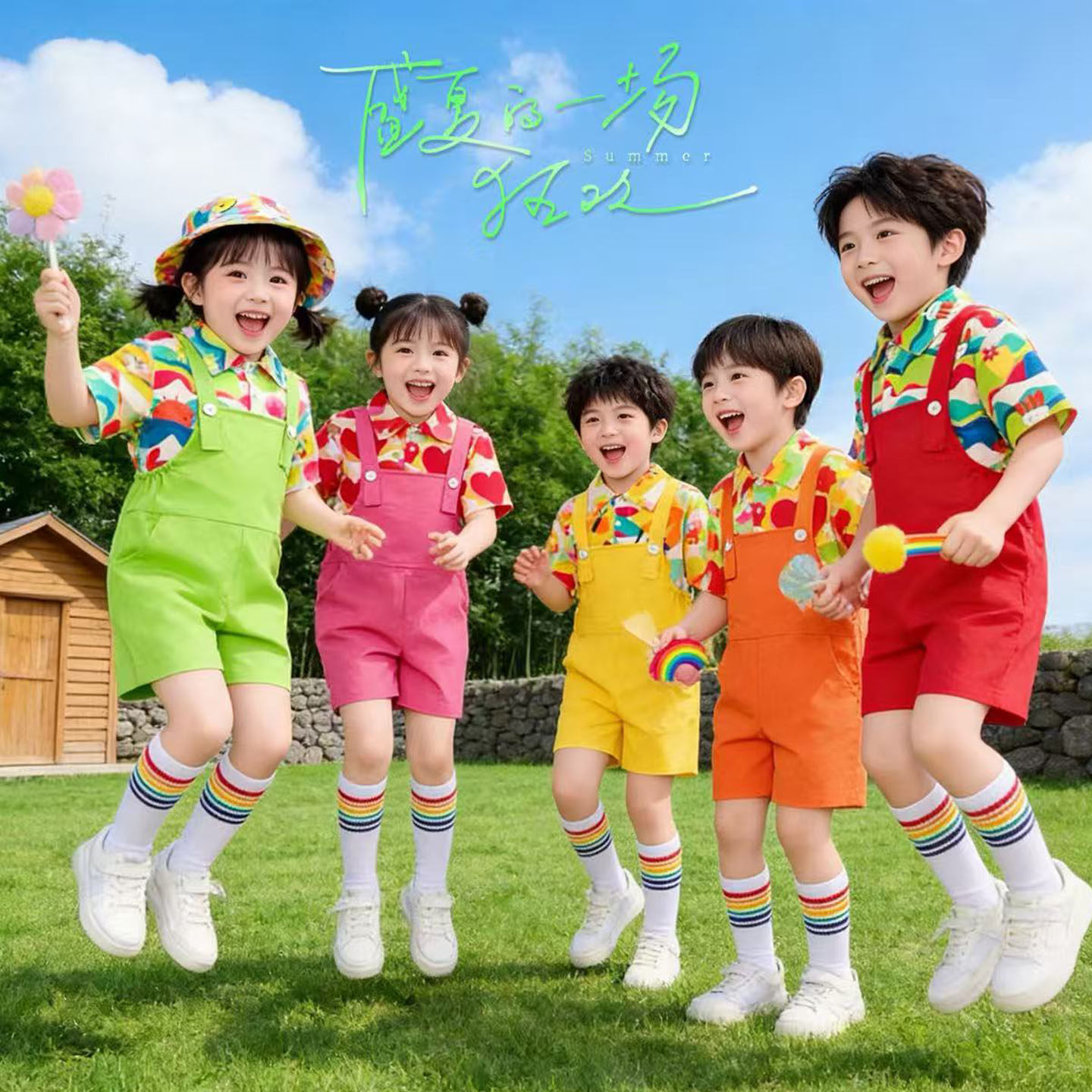 一冉秀美多巴胺风儿童演出服糖果色花衬衫背带裤啦啦队表演服