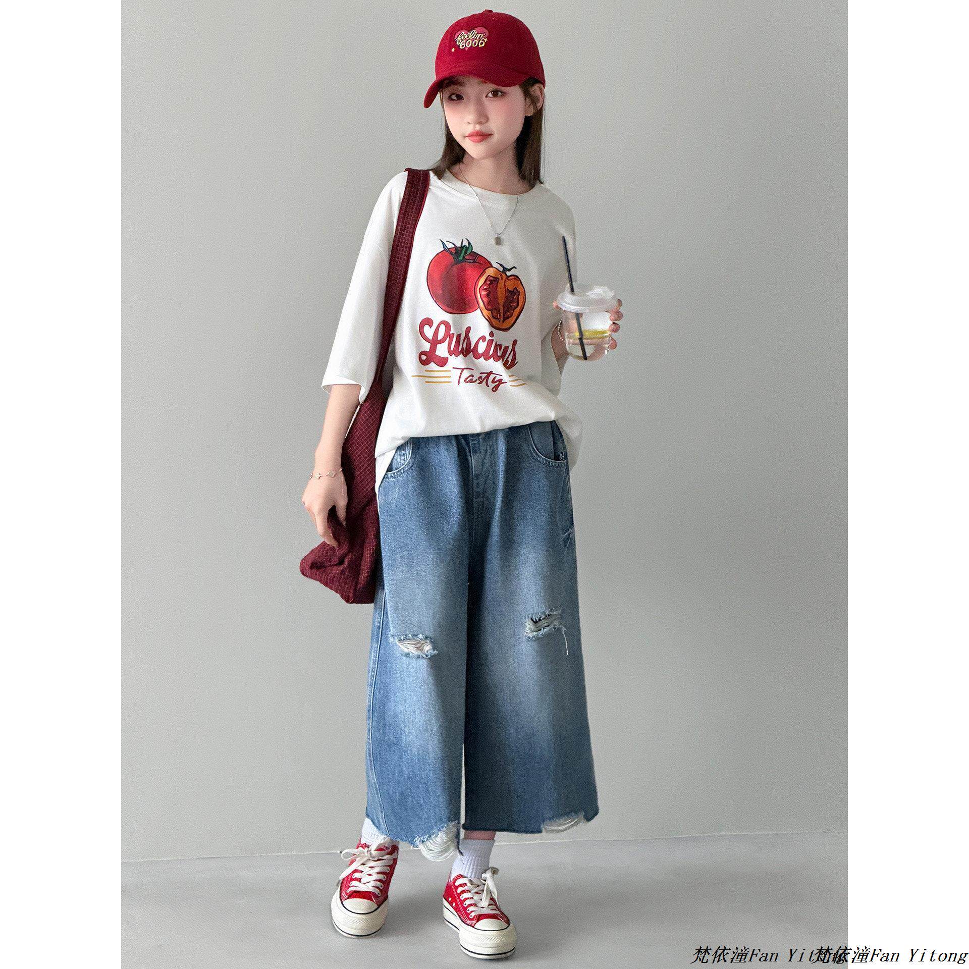 韩版分9两件套破洞休闲印花潮流牛仔裤夏季T恤套装短袖中大童女童