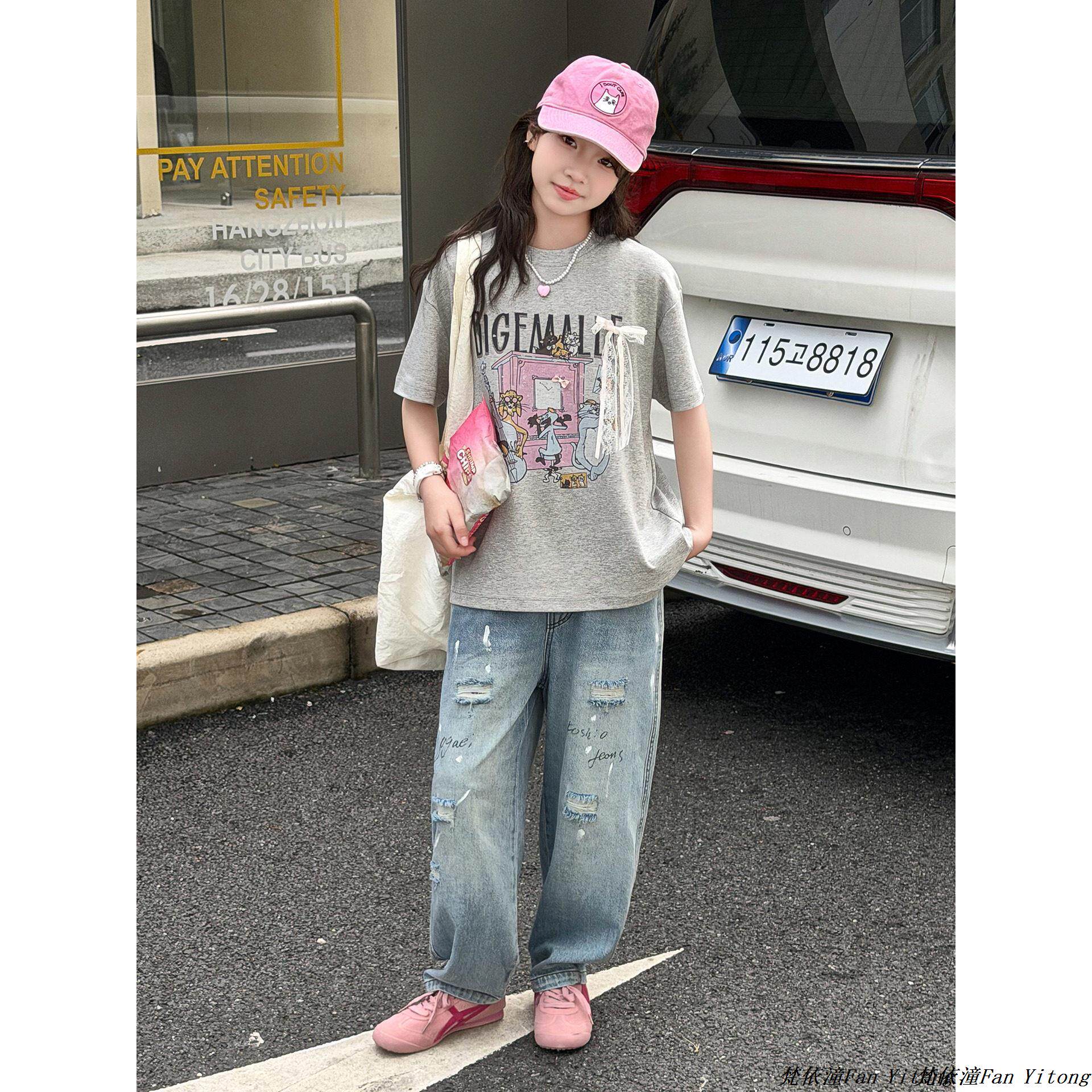 新款印花T恤甜美短袖两件套9破洞夏少女中大童套装女童牛仔裤洋气