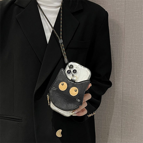 黑棕色猫咪零钱包背夹手机链斜跨