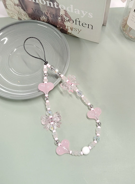 Clove 粉红色蝴蝶结爱心手机链短款亚克力水晶钥匙扣精致包挂件女