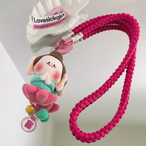佛小伴手机链斜挎玫红色编织挂绳