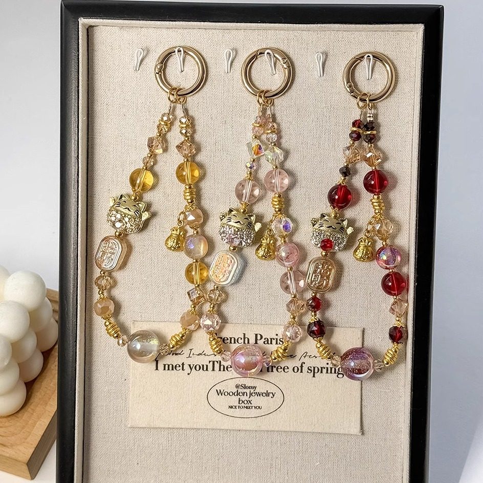 Clove 满钻招财猫手机链短款潮男女轻奢高级水晶串珠钥匙扣包挂件