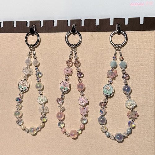 油画花朵手机链夜光水晶串珠包挂