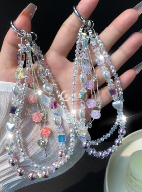 玫瑰花手机链条双层水晶钥匙扣女