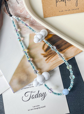 Clove 春夏小清新手机链短款蓝色玻璃水晶钥匙链精致云朵包挂件女