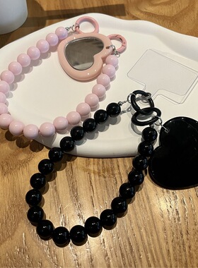 爱心镜子手机链短款串珠钥匙扣女