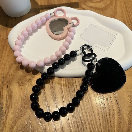 爱心镜子手机链短款串珠钥匙扣女