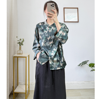 24姆米重磅弹力缎真丝衬衫女90桑蚕丝大码女装花色七分袖上衣衬衣