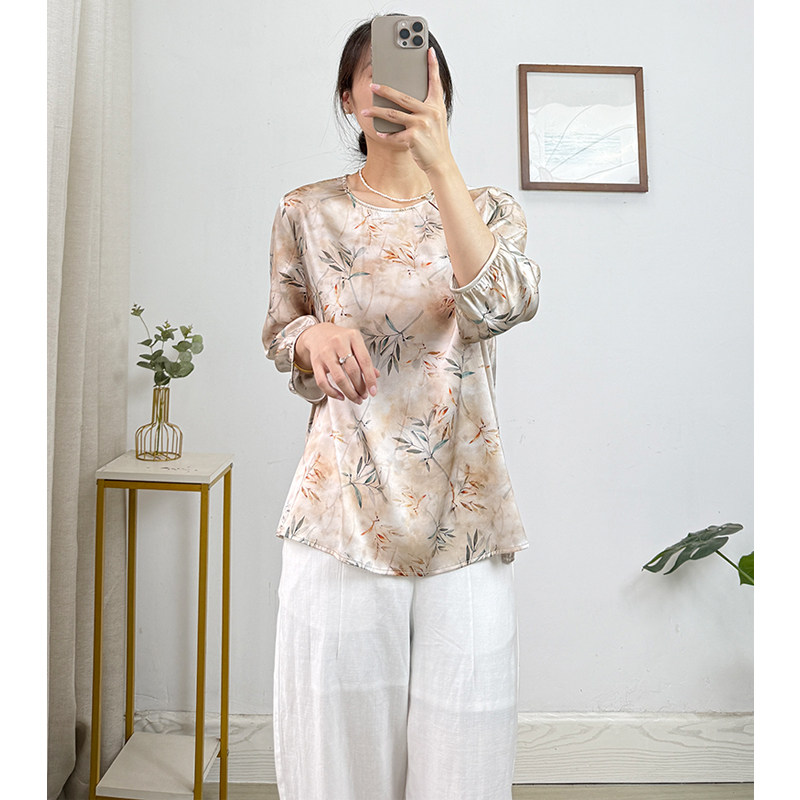 国风雅韵22姆米弹力缎真丝衬衫女夏季新中式桑蚕丝七分袖花色上衣