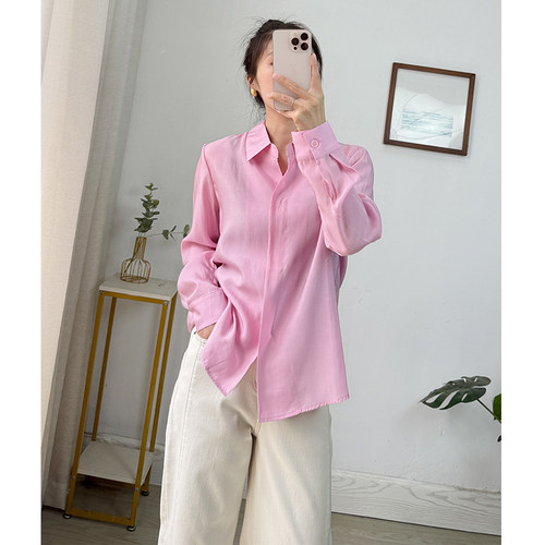 外贸出口单~莱赛尔纤维衬衫女 2026年春夏季高级感纯色轻薄款衬衣