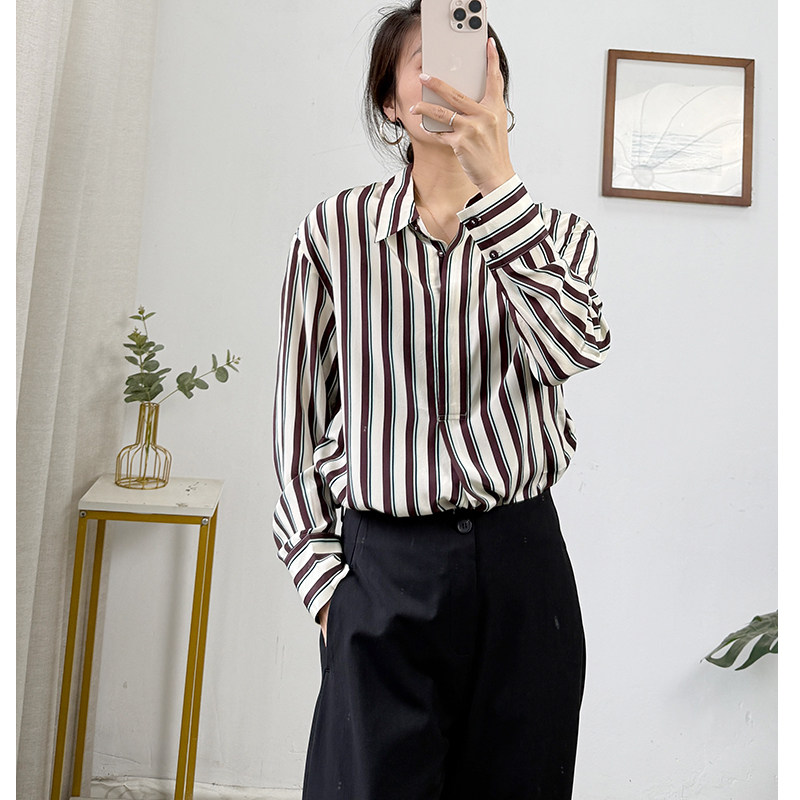 03双绉条纹真丝衬衫女 100桑蚕丝长袖高级感2026新款翻领衬衣上衣