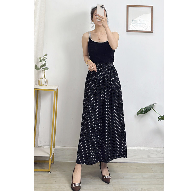 介2490~赫本风法式波点水洗100亚麻半身裙女 春显瘦A字大摆长裙子
