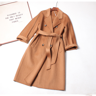 [经典]手工缝线~驼色双面羊绒高端羊毛大衣女 中长款气质绑带外套