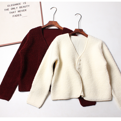 100绵羊毛开衫女v领加厚毛衣