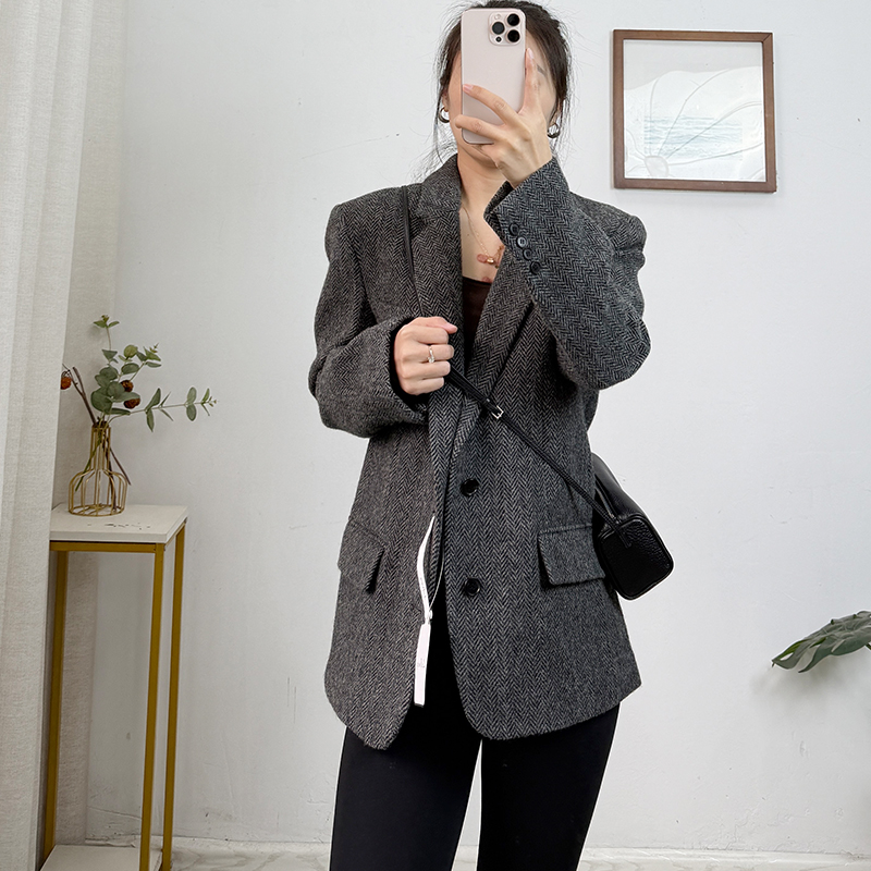 人字纹100全羊毛西装女