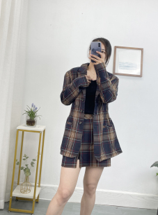 外贸出口单！有垫 肩复古风格子西装外套女中长款