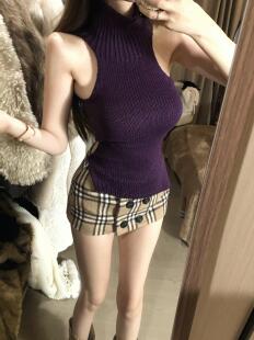 纯欲风性感修身显瘦挂脖露背无袖针织背心女秋冬款紫色套头毛衣