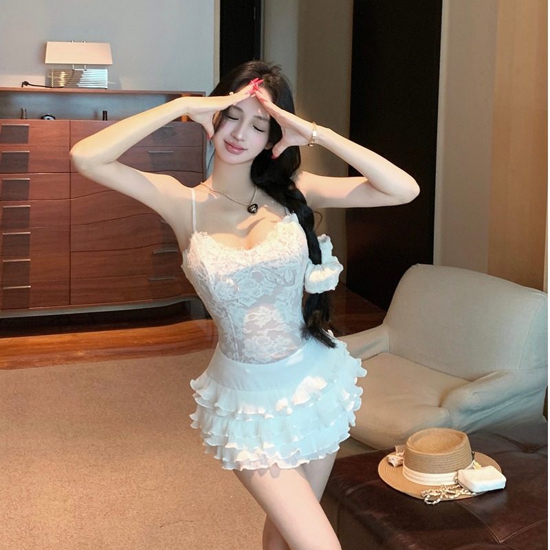 纯欲氛围感V领镂空鱼骨蕾丝吊带背心高腰性感多层花边蛋糕裙套装