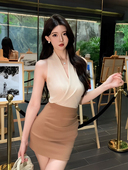 温柔高级感交叉V领露肩挂脖吊带上衣高腰褶皱包臀半身裙纯欲套装