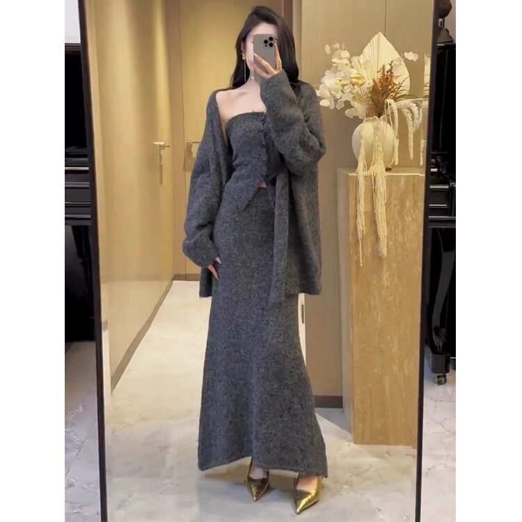 秋冬季抹胸排扣背心外搭毛衣外套套装女慵懒毛衫上衣半身裙三件套