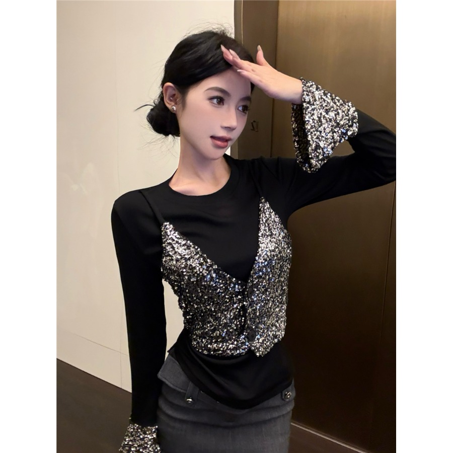 复古性感小众修身显瘦假两件上衣女秋纯欲亮片拼接长袖T恤打底衫