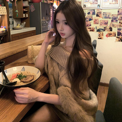 法式一字肩毛毛蝙蝠袖纯欲风套头毛衣女慵懒风高级感宽松针织上衣