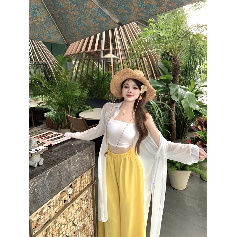 度假一整套穿搭女夏薄款中长款防晒开衫吊带上衣休闲阔腿裤三件套