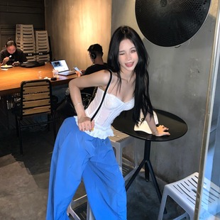 纯欲性感网纱荷叶边鱼骨背心吊带高腰薄款 阔腿宽松慵懒弯刀裤 套装
