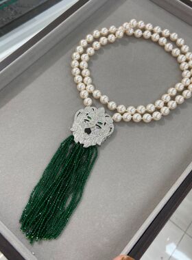 法式轻奢10M施家珍珠毛衣链吊坠狮子头绿色流苏毛衣链电镀满锆石