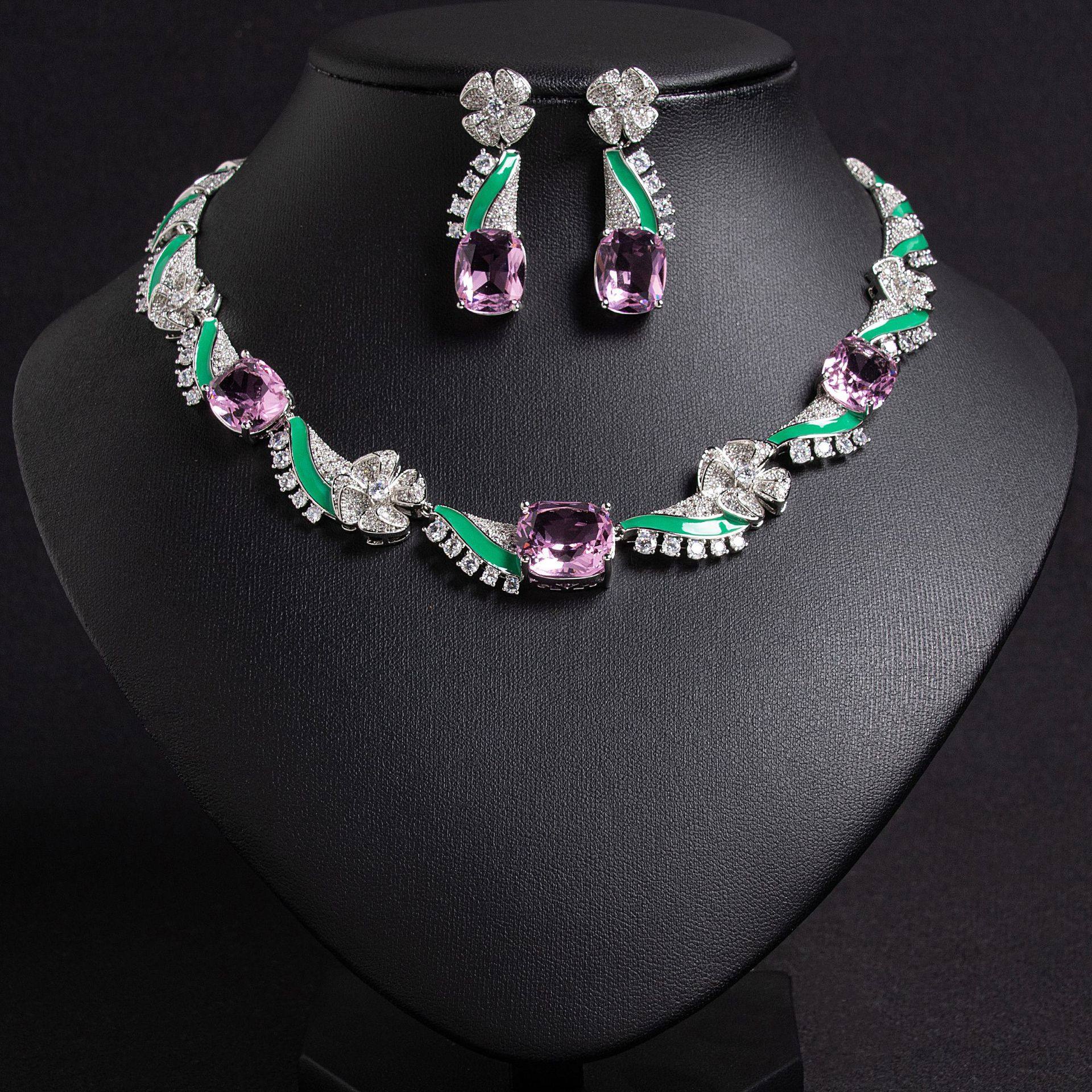 法式轻奢高档波浪水滴锆石项链耳环套装轻奢锁骨链高级感气质饰品