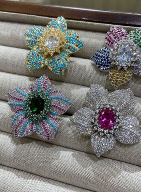 紫绿色花朵甜美优雅戒指 镀金 奢华精美设计款小众精致百搭开口戒