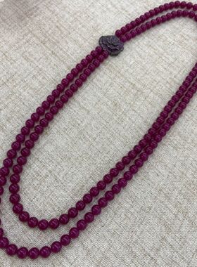 山茶花满锆紫色玉髓双层珍珠串珠长款项链女百搭高级感毛衣链秋冬