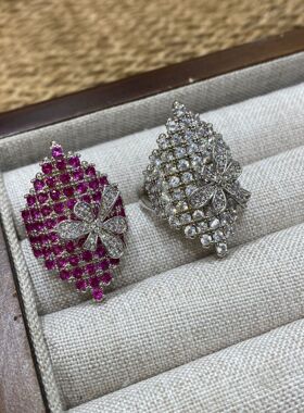 欧美满钻菱形戒指气质高级感个性中古百搭首饰玫红钻小花朵指环戒