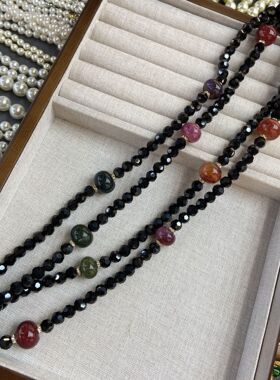 新中式国风超长款黑色水晶串珠项链美拉德色琉璃轻奢高级感锁骨链