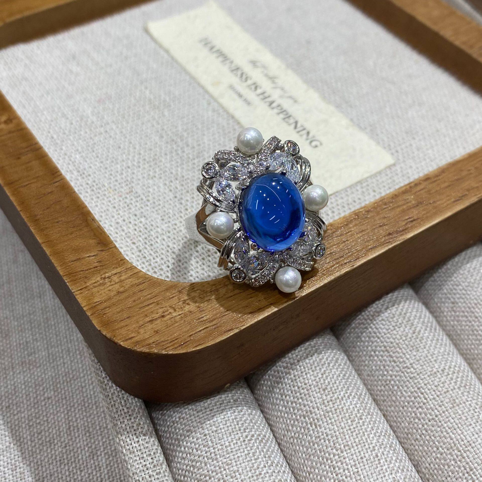 首饰珠宝新款饰品戒指蓝尖晶锆石珍珠戒时尚欧美风女款指环戒