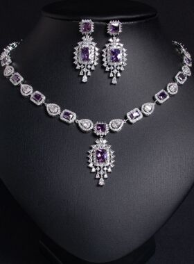 欧美轻奢宫廷复古红色锆石新娘耳环套装超闪精致婚纱晚宴礼服配饰