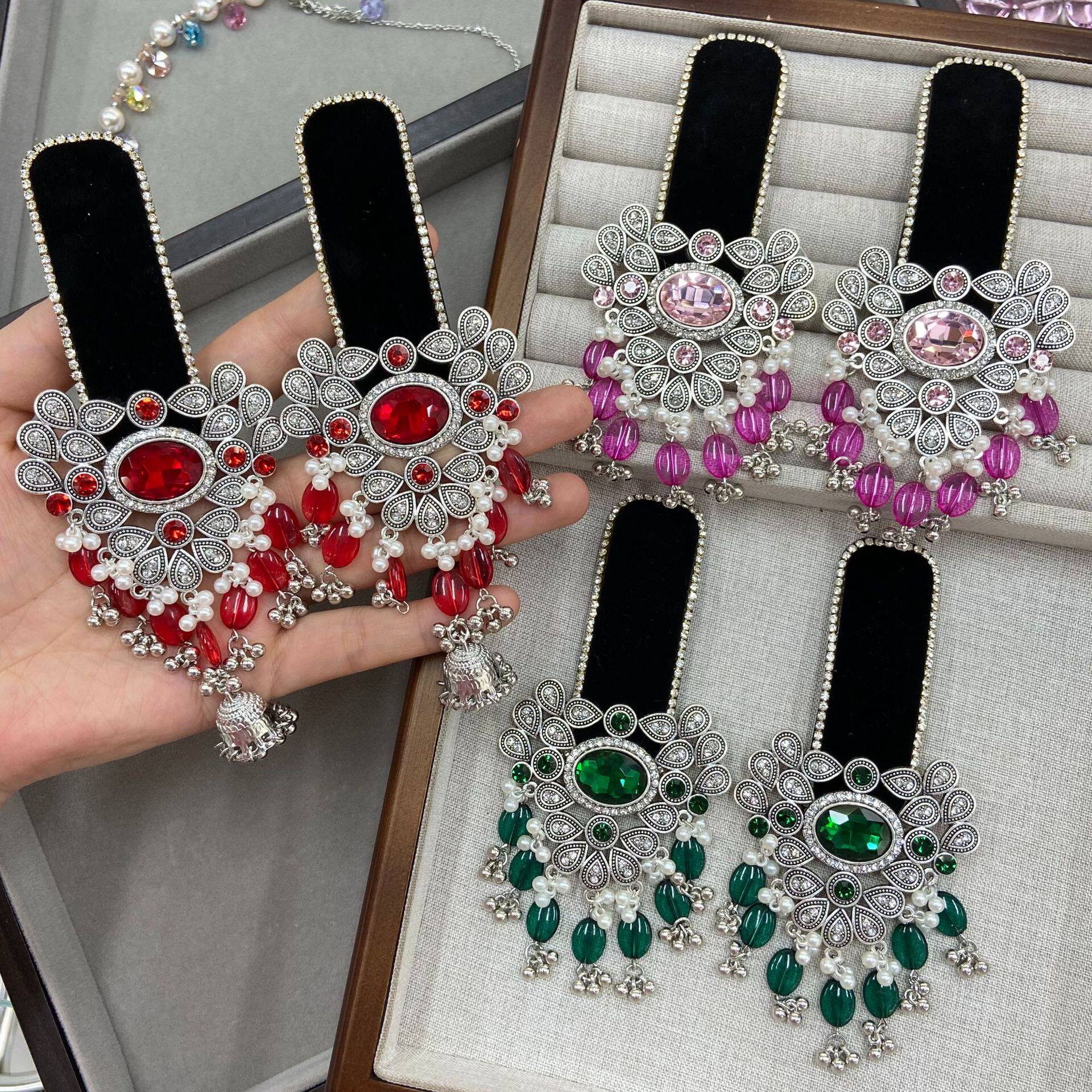 爆款胸针时尚复古印度风民族风头饰夸张流苏彩色水晶花发夹