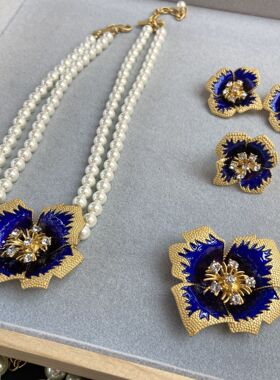 芈澜芈尔法国西洋古董项链Vintage蓝色珐琅滴釉四瓣花朵首饰套装