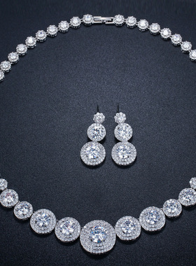 欧美时尚满钻锆石饰品耳环套装婚纱礼服晚宴新娘项链配饰圆形女式