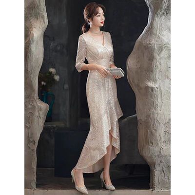 亮片晚礼服女高级感轻奢小众高端年会主持人鱼尾裙轻礼服日常可穿