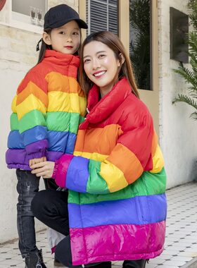彩色羽绒服女冬装2023新款潮网红彩虹服防寒棉衣外套大码面包服