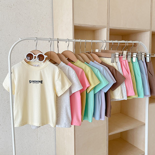 夏季新款男女童套装儿童韩版短袖T恤短裤两件套纯色印花休闲童装