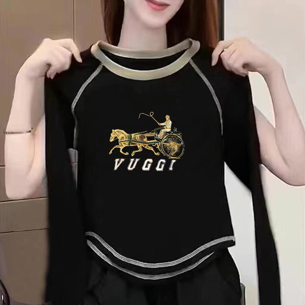 含棉打底衫女2024新款秋冬圆弧形不规则内搭长袖T恤短款别致上衣