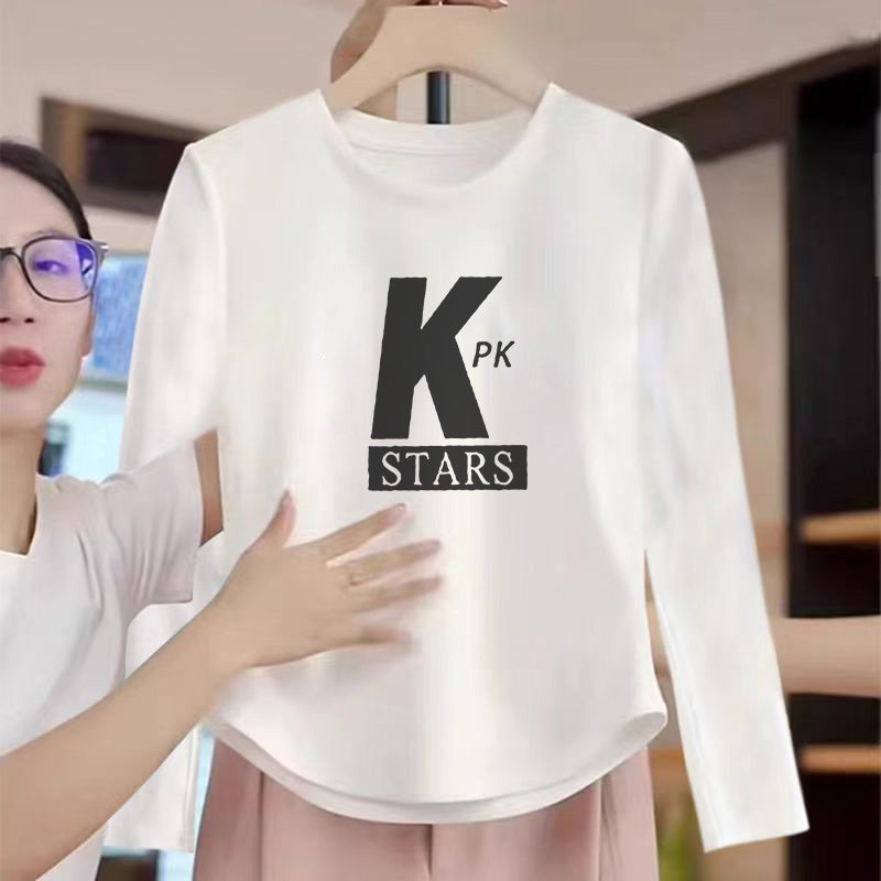 字母印花休闲上衣百搭圆领长袖T恤女2025秋季白色宽松型薄款打底,女装/女士精品,T恤,淘宝优惠券,粉丝福利购,淘宝优惠卷