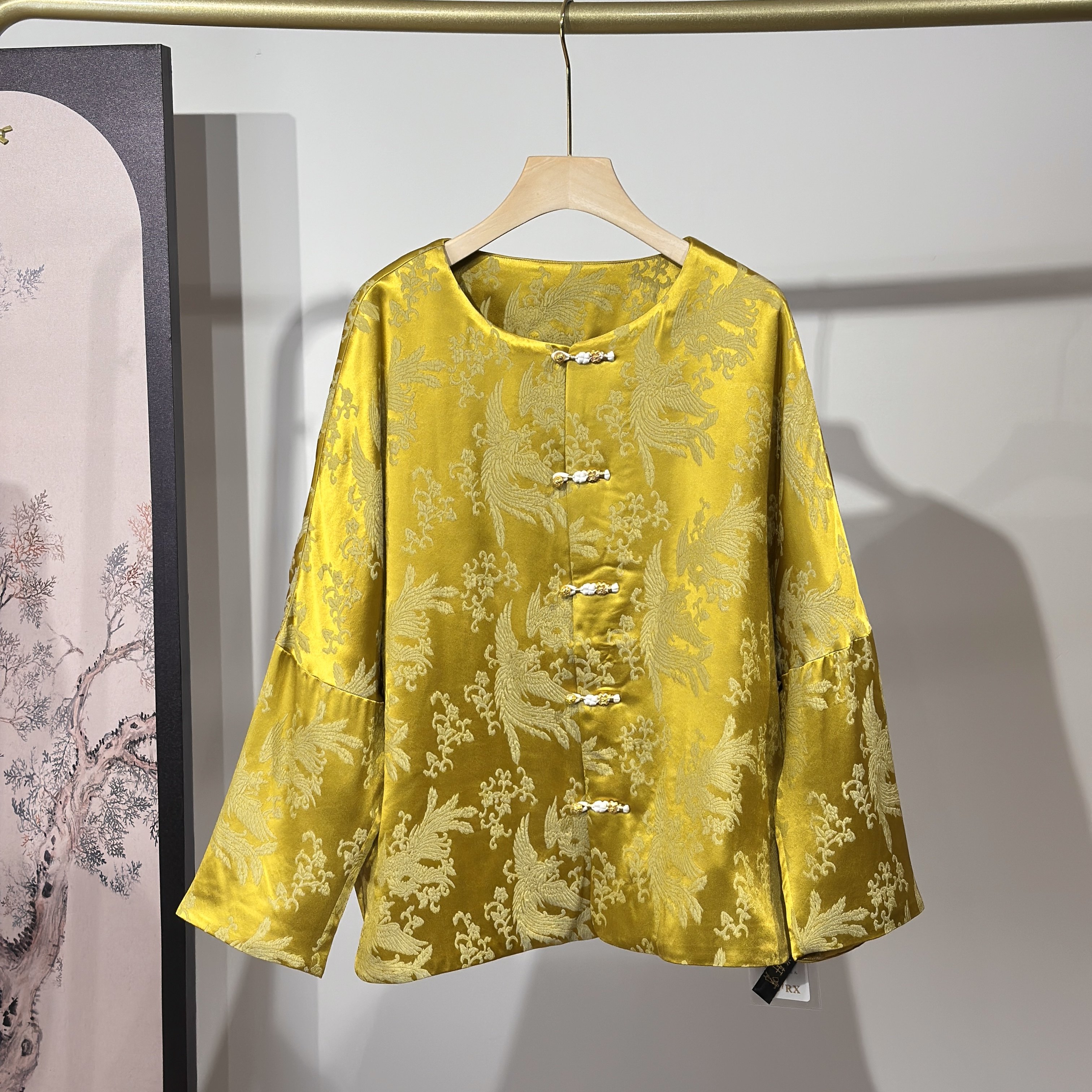 金色浮雕提花真丝棉服外套女圆领中式国风对襟宽松百搭秋冬